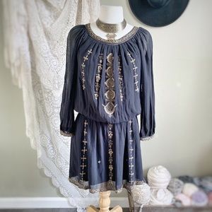 JOIE | Black Gold Beaded Long Sleeve Mini Dress